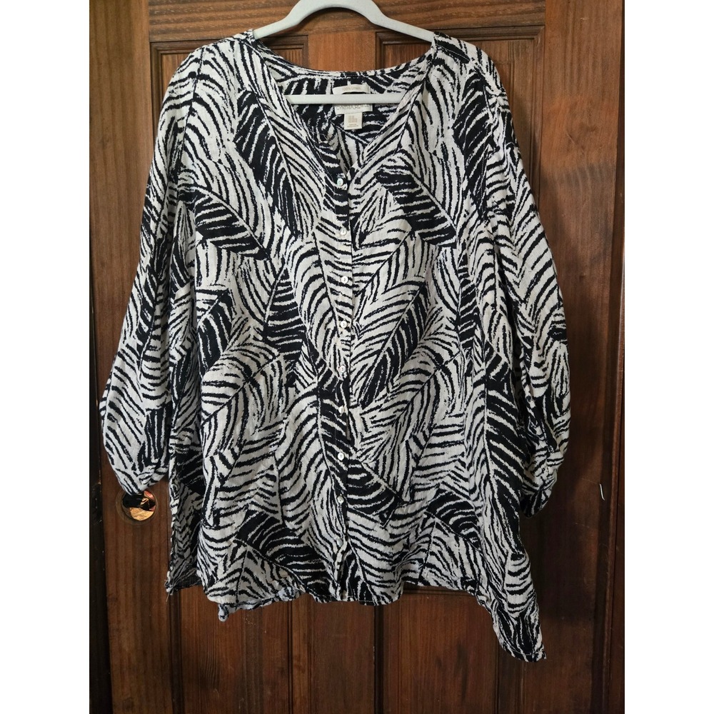 Cynthia Rowley Womens 3X Black White Linen Tropical Palm Leaf Button Tunic Top - Picture 2 of 5